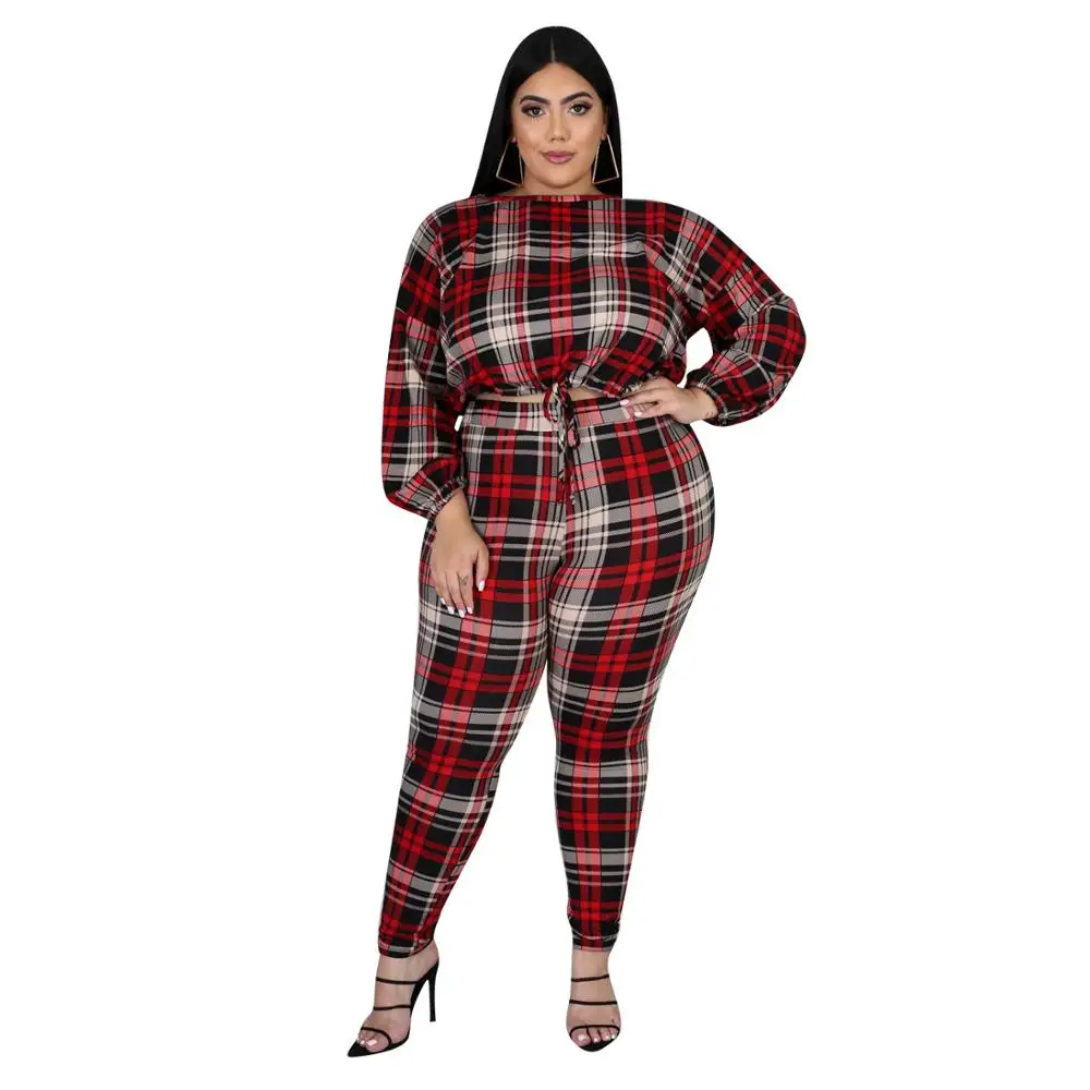 

Adogirl Women Plus Size L-3XL Plaid Print Casual Two Piece Set Autumn Long Sleeve Drawstring Short Top Pencil Pants Suit