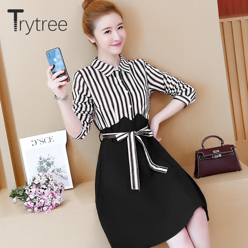 Trytree Spring Summer Dress Casual A-line Women Patchwork Stripe Shirt dresses Sashes Above Knee Turn-down Collar | Женская одежда