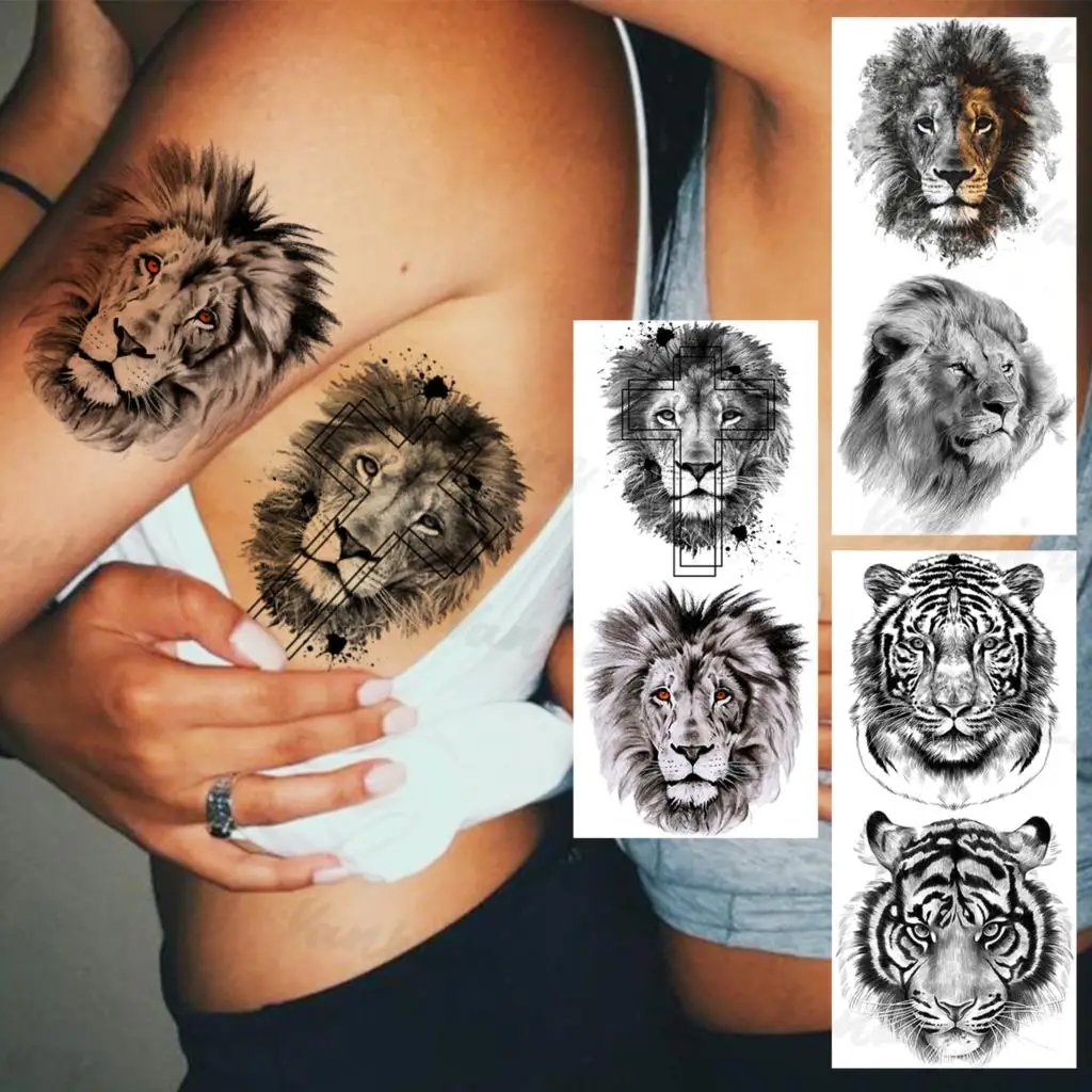 

Black Lion Cross Geometric Temporary Tattoos For Women Men Realistic Tiger Waterproof Fake Tattoo Sticker Arm Body Tatoos DIY
