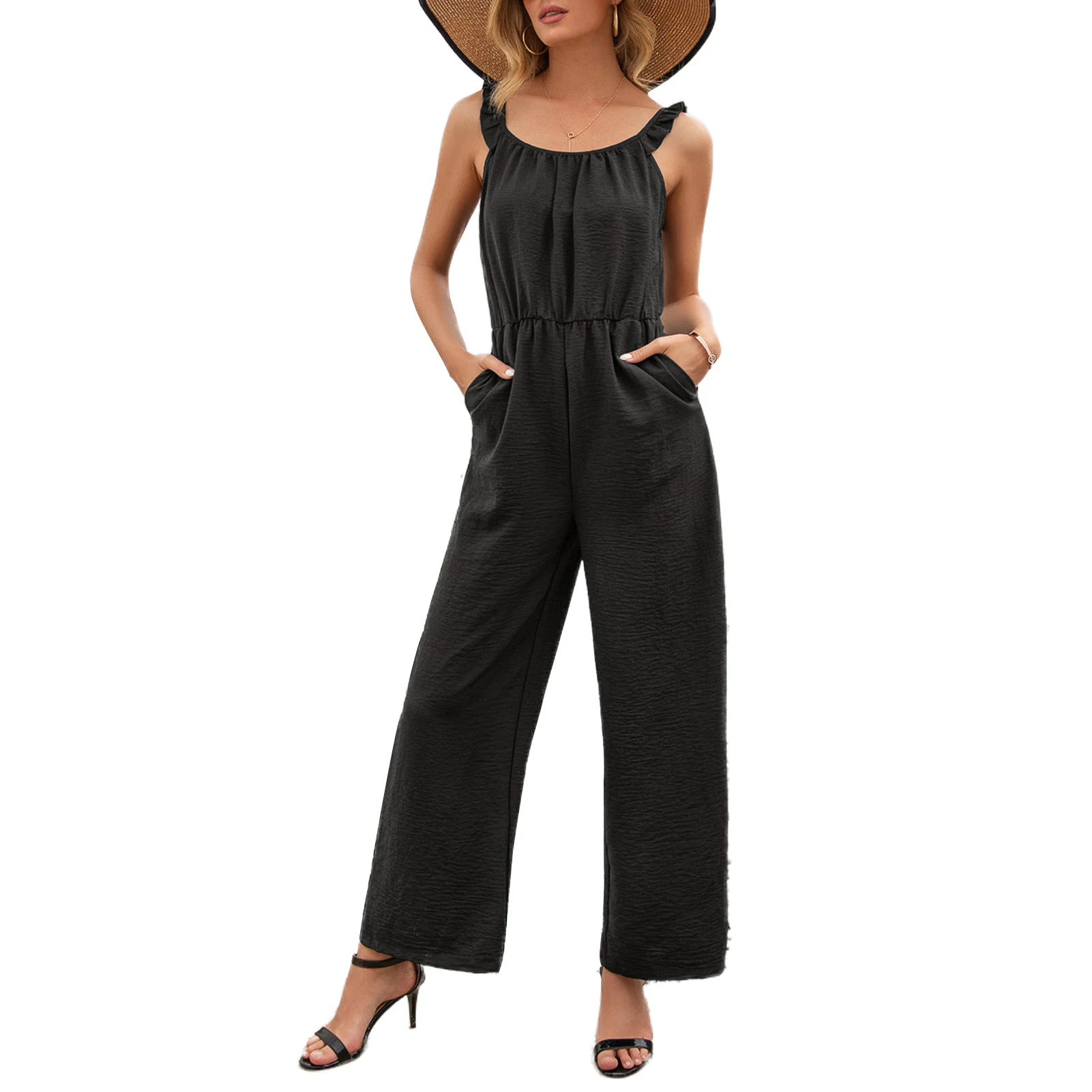 

Women Jumpsuits Rompers Summer Casual V-neck Pocket Overalls Jumpsuit Short Sleeve Wide Leg Loose Jumpsuit 2021 Femme