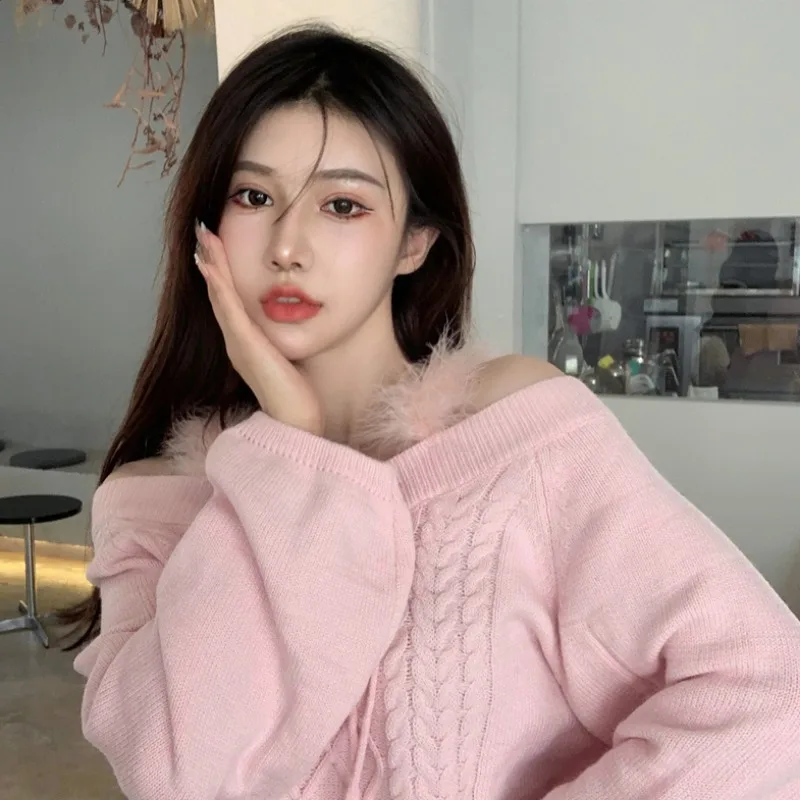 Женский свитер оверсайз с открытыми плечами свободного покроя | Женская одежда