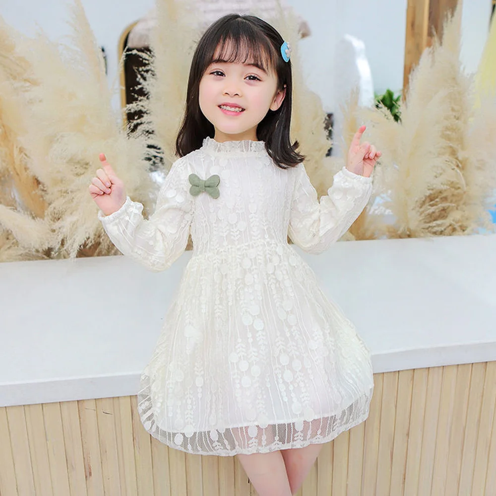 2021 Spring Lace Children Dresses Long Sleeve Solid Color Children Boutique Clothing Princess Girls Easter Dress