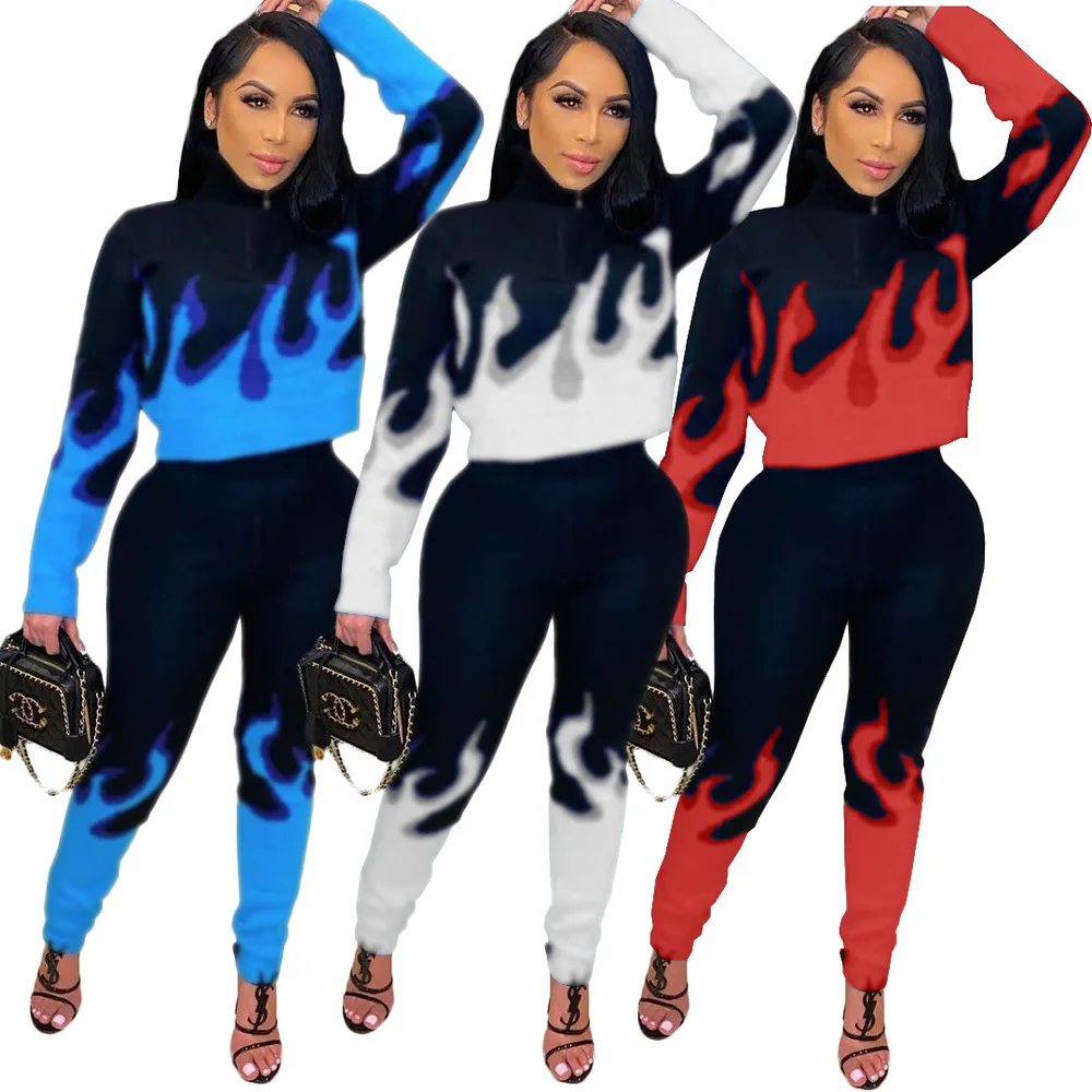 

Fire Flame Print Women Two Pieces Sets Turtleneck Full Sleeve Crop Top+workout Pant Suit Gothic Punk Streetwear Female Clothes