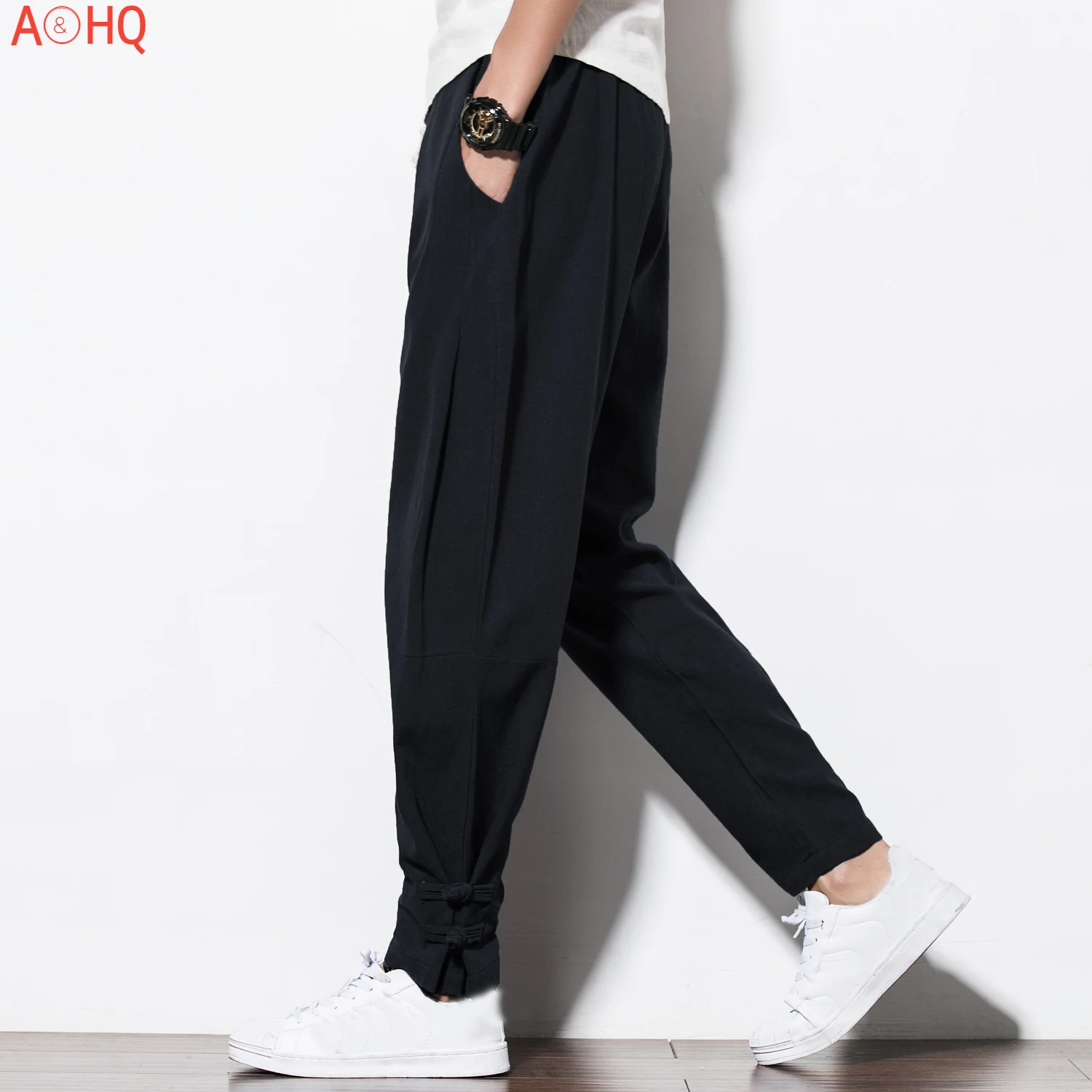 

100% Pure Linen pants Drawstring Flax hemp Trousers Hip hop loose Vintage long pants casual joggers 2021 Summer Harem Pants Men