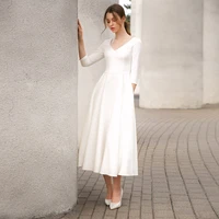 fashion three quarter v neck wedding dresses with jersey knee length white sheath pleat 2021 summer custom made bridal gown