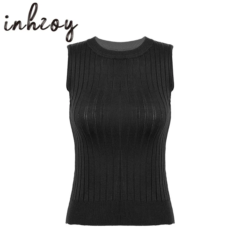 

Women Round Neck Sleeveless Knitted Pullover Waistcoat Slim Fit Ribbed Sweater Vest Spring Autumn Winter Knitwear Female Tops