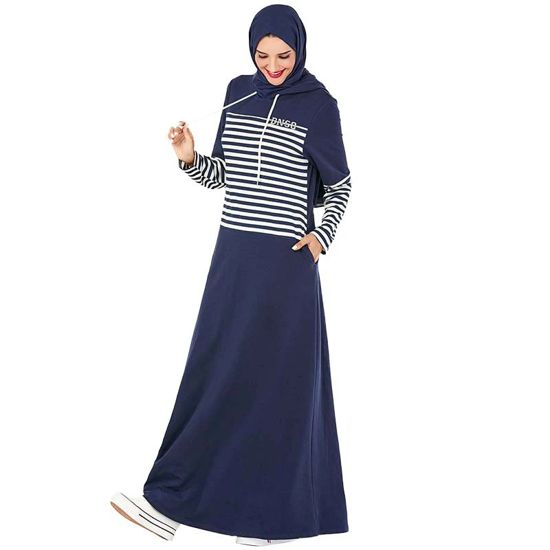 Muslim Fashion Hooded Tracksuit Long Dress Women Navy Stripe Sleeve Pocket Arab Maxi Turkey Sports Islamic Clothing | Женская одежда