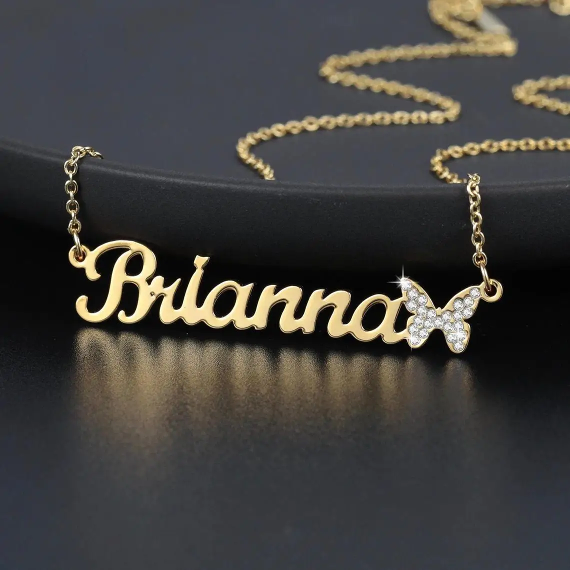 

Custom Personalized Name Bling Cubic Zircon Letters Butterfly Necklaces Pendant Nameplate Stainless Steel Chain Pendant Jewelry