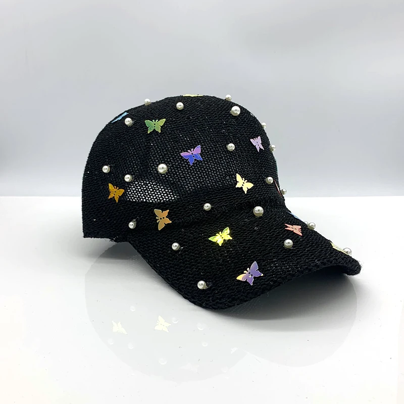 2020 Summer Baseball Cap Women Sequin Butterfly Mesh Hat Breathable Bling Rhinestone Snapback Caps Casquette Sun hats