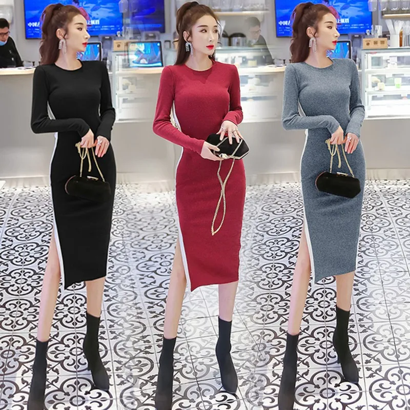 

Женское трикотажное платье в полоску, осенне-зимнее трикотажное платье с длинными рукавами и разрезом, 2021