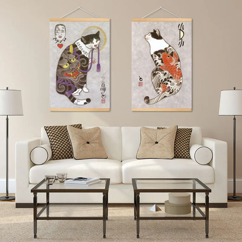 Тату в японском стиле плакаты с котом самурая рамен ностальгия холст живопись