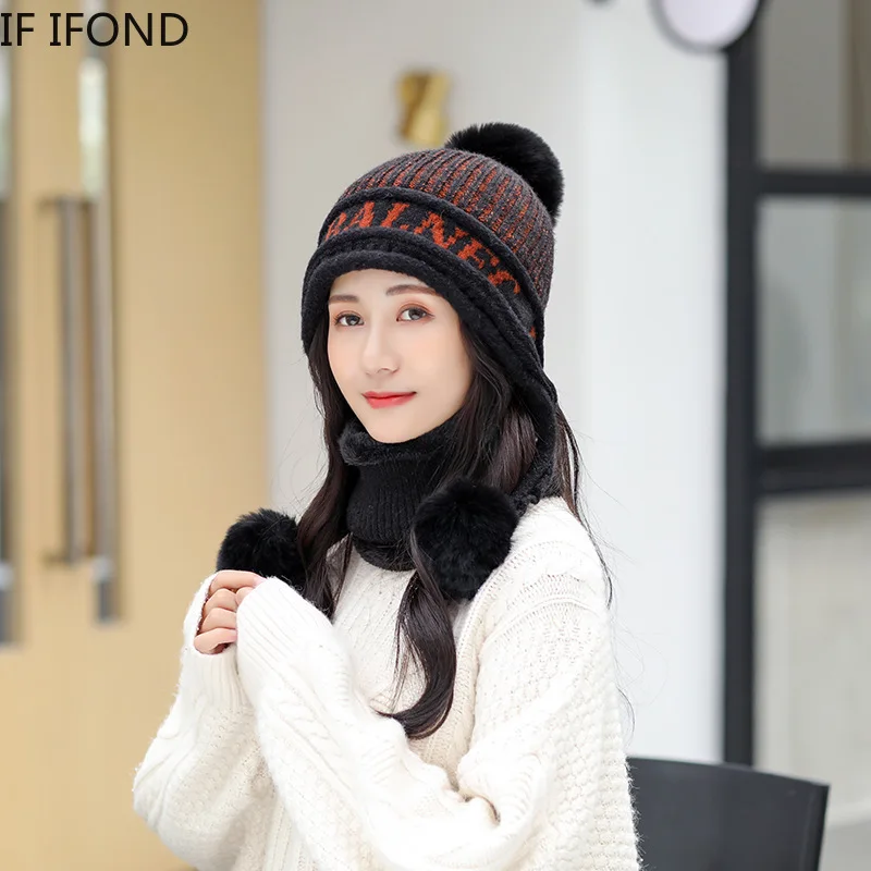 

2Pcs Set Winter Women Thicken Ski Skullies Beanie Fashion Fur PomPoms Female Warm Riding Windproof Knit Hat Snow Caps