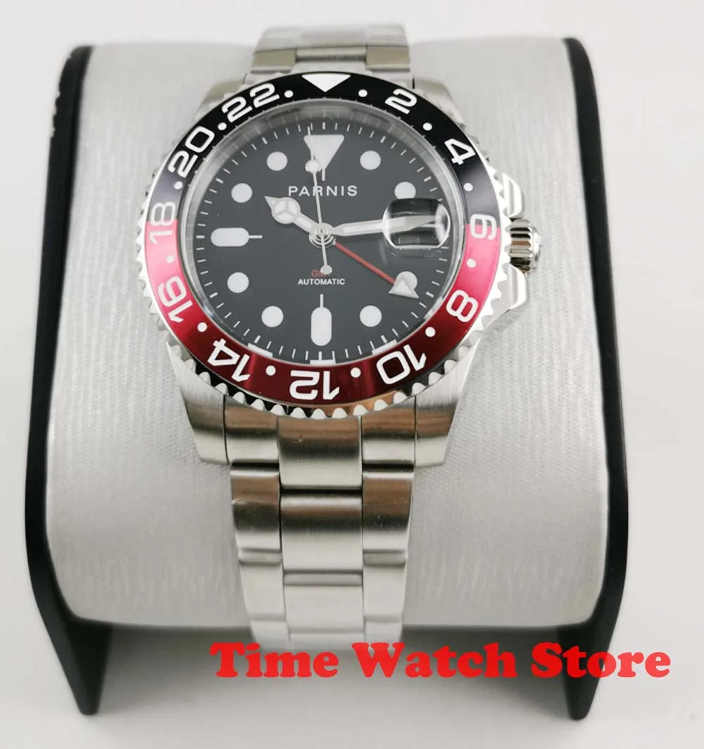 40 мм parnis GMT 3804 Автоматические наручные часы для мужчин сапфировое стекло светящийся Водонепроницаемый черный циферблат керамический ободок SS браслет