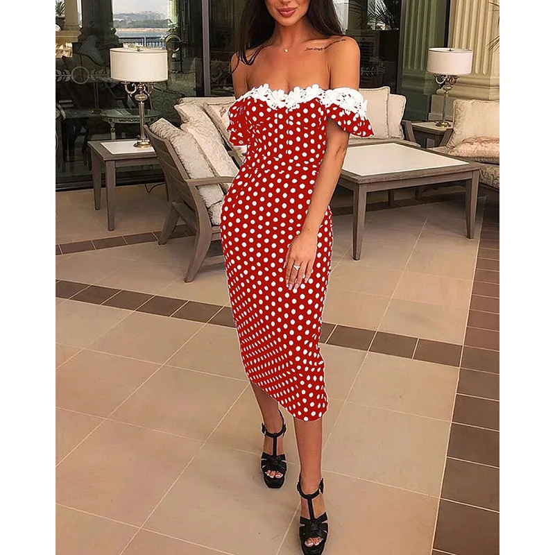 Women Lace Applique Off Shoulder Dots Print Dress Cold Polka Dot Red Slim Fit Casual Party Vestidos | Женская одежда