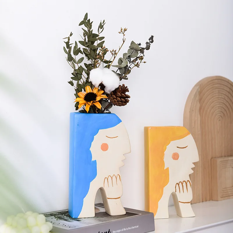

20.5cm Nordic Cartoon Girl Home Decoration Vase Living Room Decoration Ceramic Flower Pot Desktop Flower Arrangement Vases