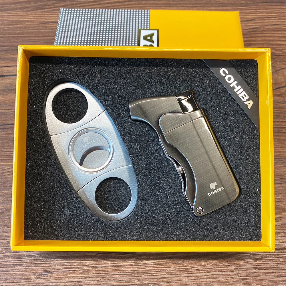 

COHIBA Cigar Lighter and Cutter Combo Accessories Set Metal Windproof Butane Gas C Torch Lighters Stainless Steel Cigar Punch