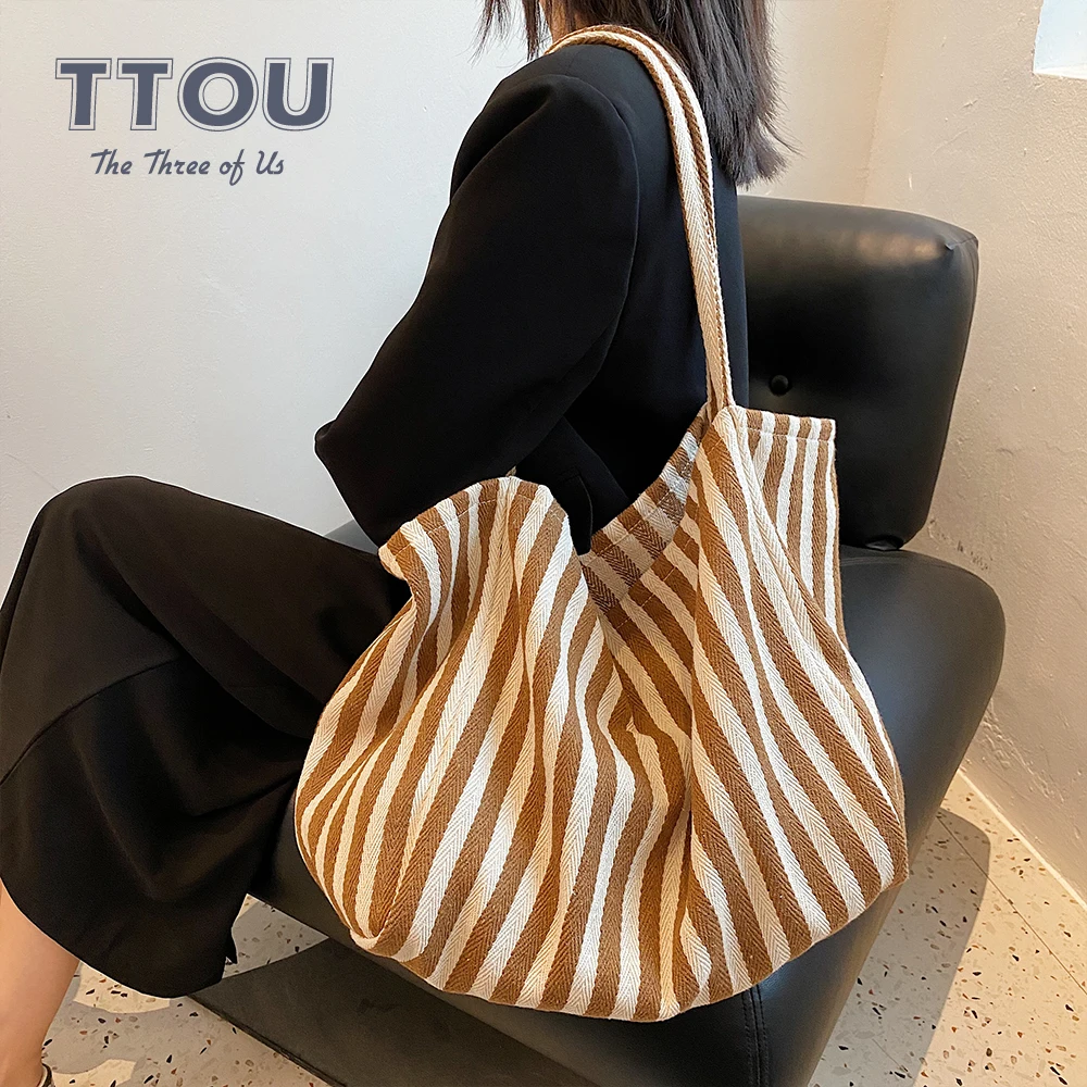 

Large Capacity Canvas Casual Women's Bucket Handbag Stripe Pattern Design Female Beach Shopping Bag Simple Ladies Tote Bag