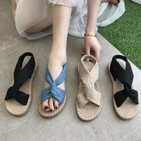 2021 new sandals womens summer wear straw linen roman sandals elastic band cross flat shoes wholesale