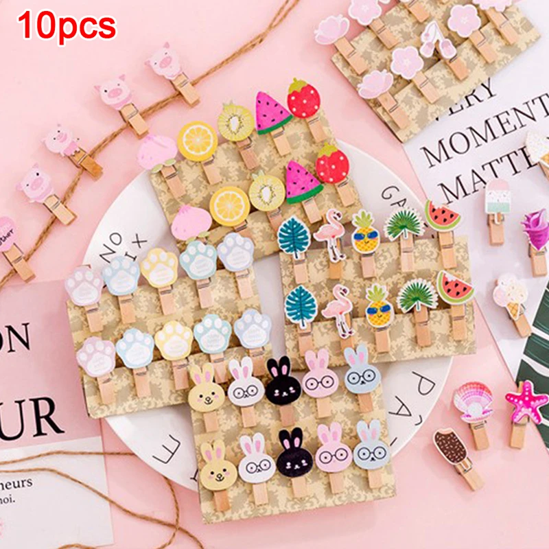 

10Pcs/set Wooden Clip Cute Cartoon Flamingo Cat Claw Celebrity Photo Wall Decoration Hemp Rope Memo Office School Supplies