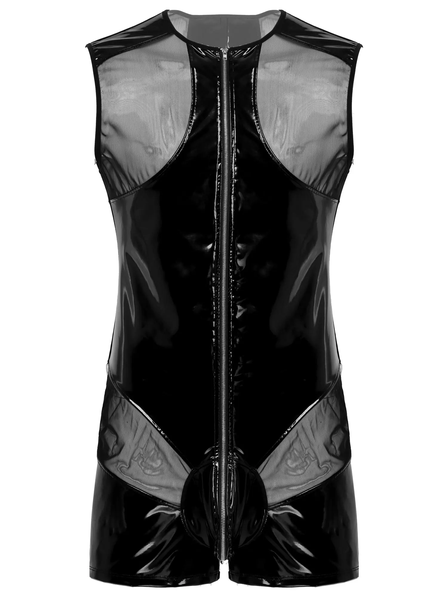 

Plus Size Men Bodysuit Wet Look Patent Leather Bugle Pouch Short See-through Mesh Patchwork O Neck Sleeveless Zipper Jumpsuit