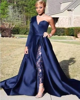 navy blue dubai one shoulder jumpsuits formal evening dresses a line high split long sleeve prom party gowns celebrity dress