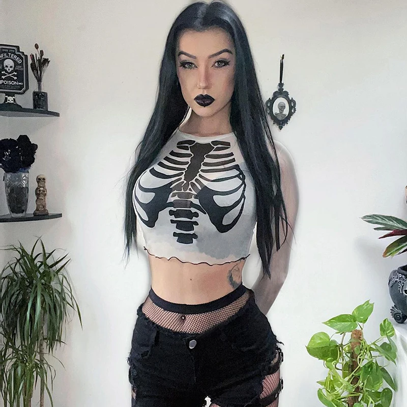 

Rockmore Gothic Skulls Print Crop Top Mesh See Through T Shirt Women Dark Academic Sexy O Neck Short Sleeve Top Tee Shirt Summer