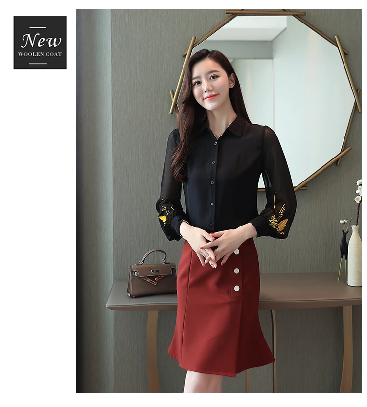 Blusas mujer de moda, шифоновая блузка на черной пуговице, однотонная блуза, женские топы с цветочной вышивкой в стиле Харадзюку, 0186