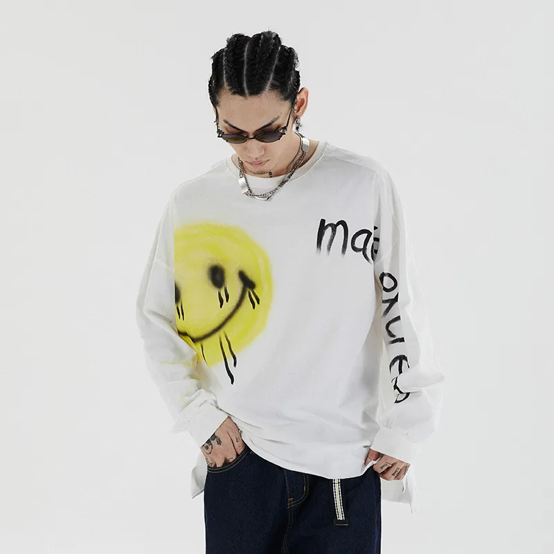 Футболки мужские с принтом в виде смайликов и надписей длинными рукавами стиле