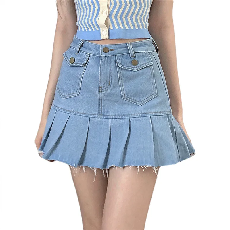 

New Women’s Y2k Korean Style Skirt Fashion Solid Color Denim Skirt High-waist A-line Pleated Short Skirt For Club Party