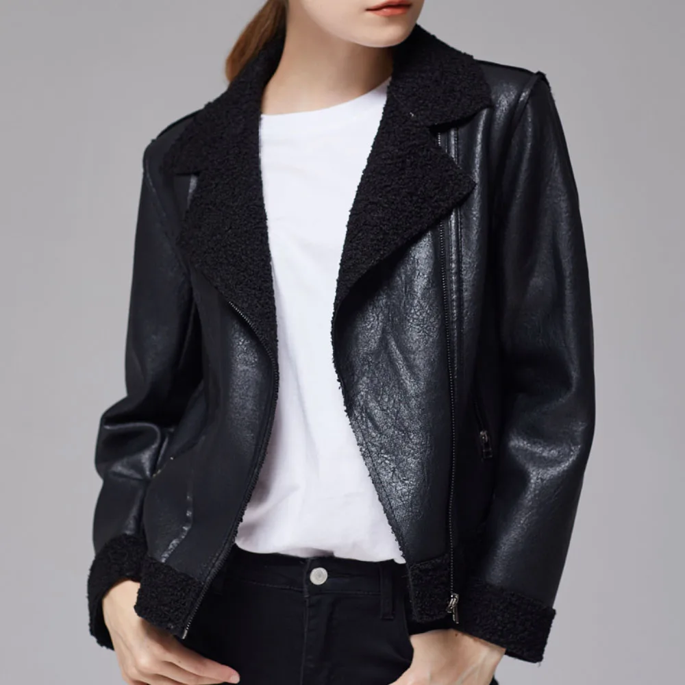 

Women's New Leather Clothing Casual Fashion Commuter Style Zipper Plus Velvet High-quality PU Fabric Long-sleeved Lapel Jacket