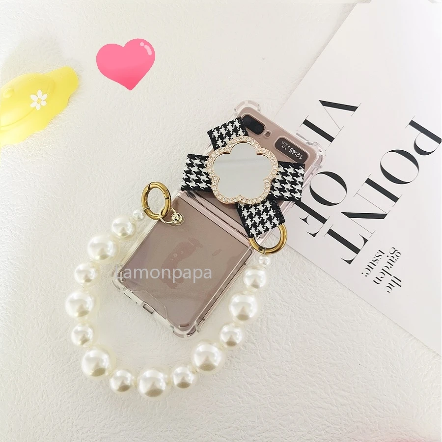 mirror case for samsung galaxy z flip 5g case with pearl chain wristband vintage bow shockproof shell for samsung z flip case free global shipping