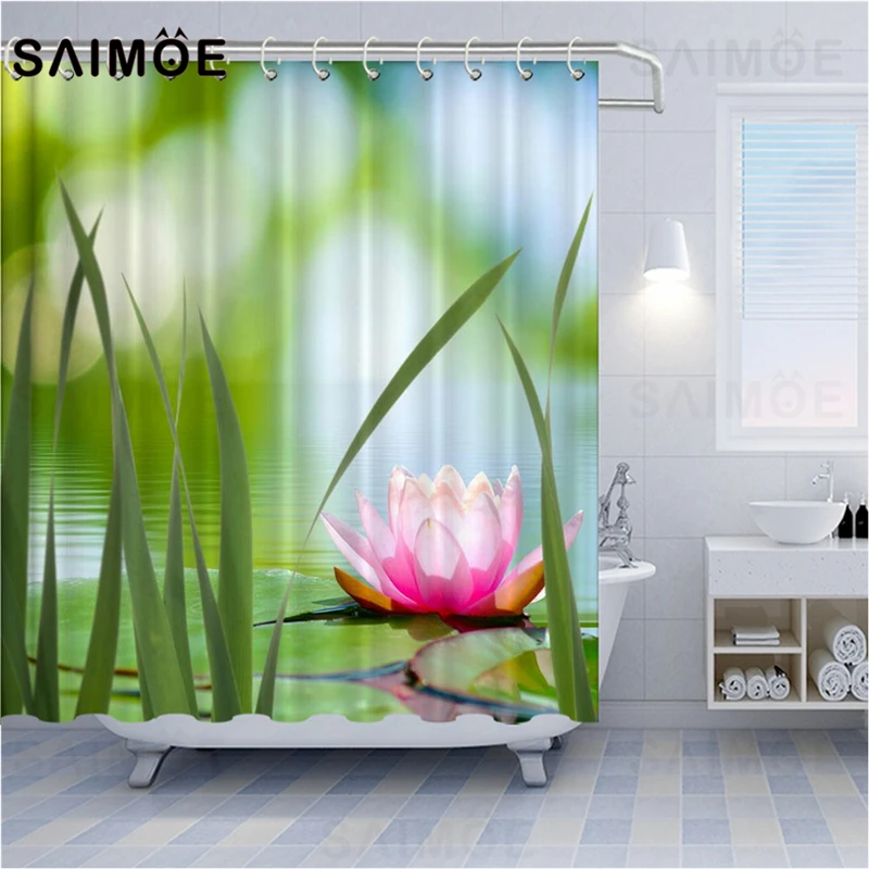 Занавеска для душа SAIMOE с розовыми цветами Штора ванной бабочками ВОДНЫЕ ЛИЛИИ из