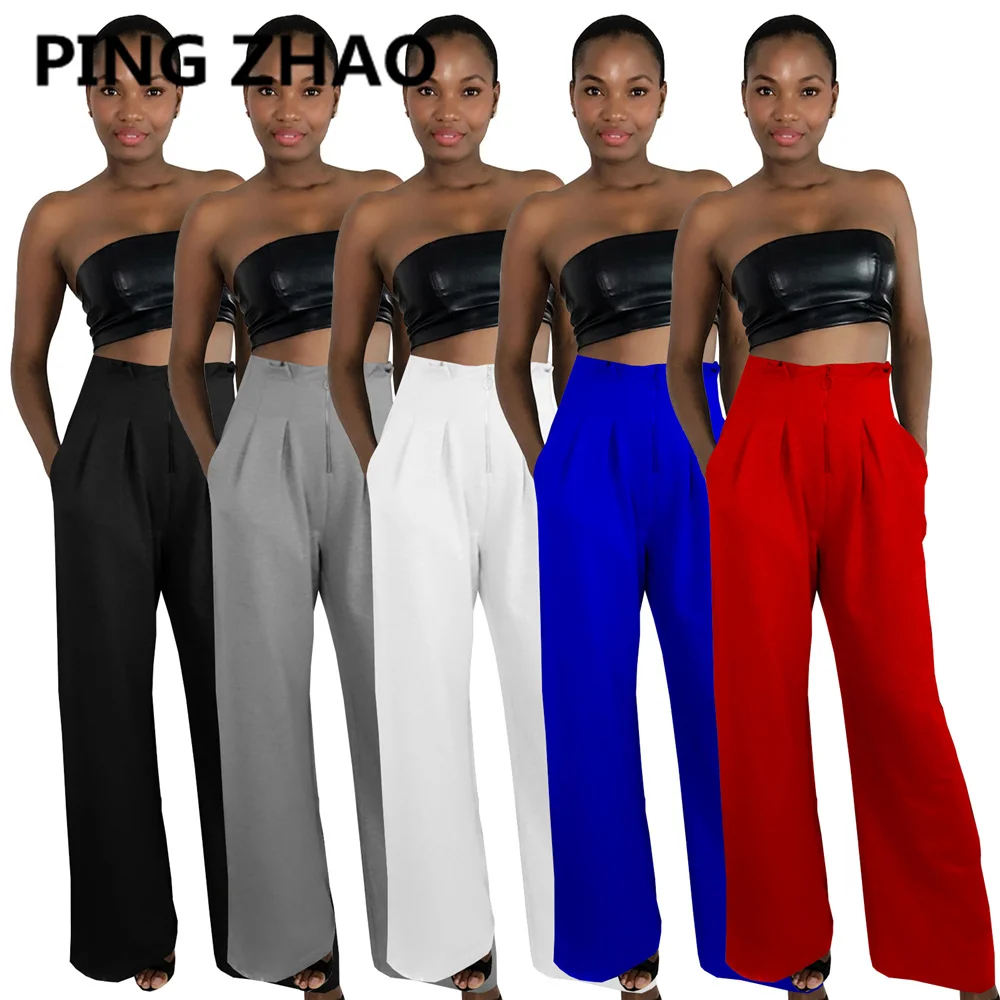 

Пикантные брюки с высокой талией и широкими штанинами PING ZHAO, элегантная Офисная Женская одежда с карманами, брюки на молнии