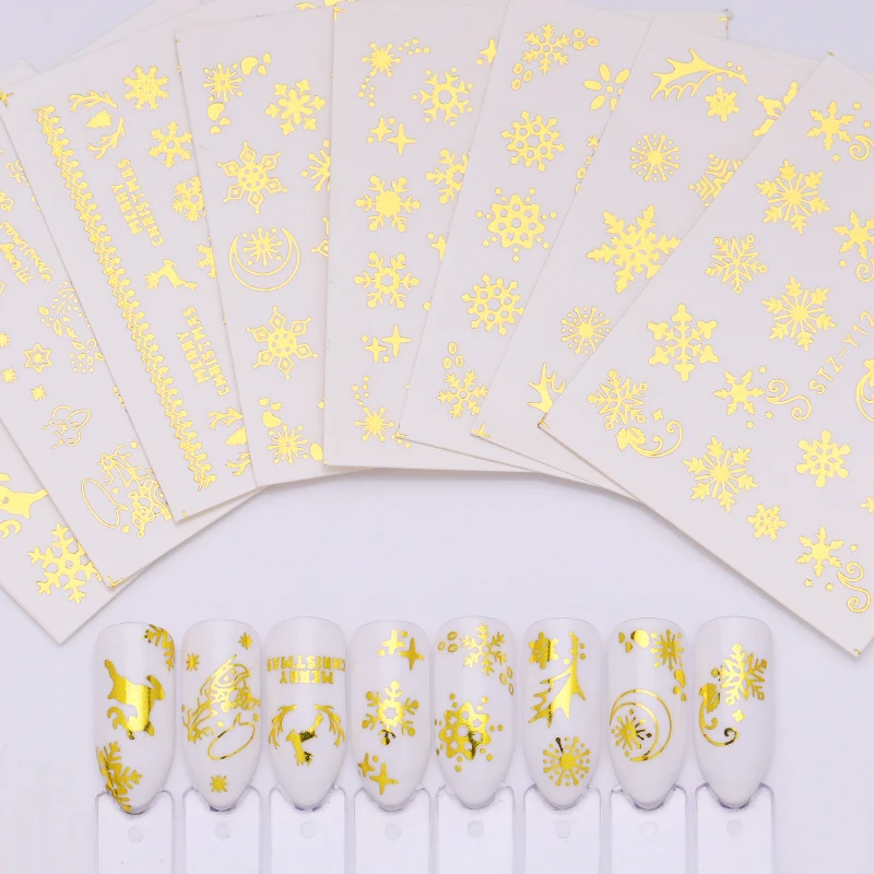 1 лист Золотой Серебряный ноготь наклейки для воды Рождественская елка олень