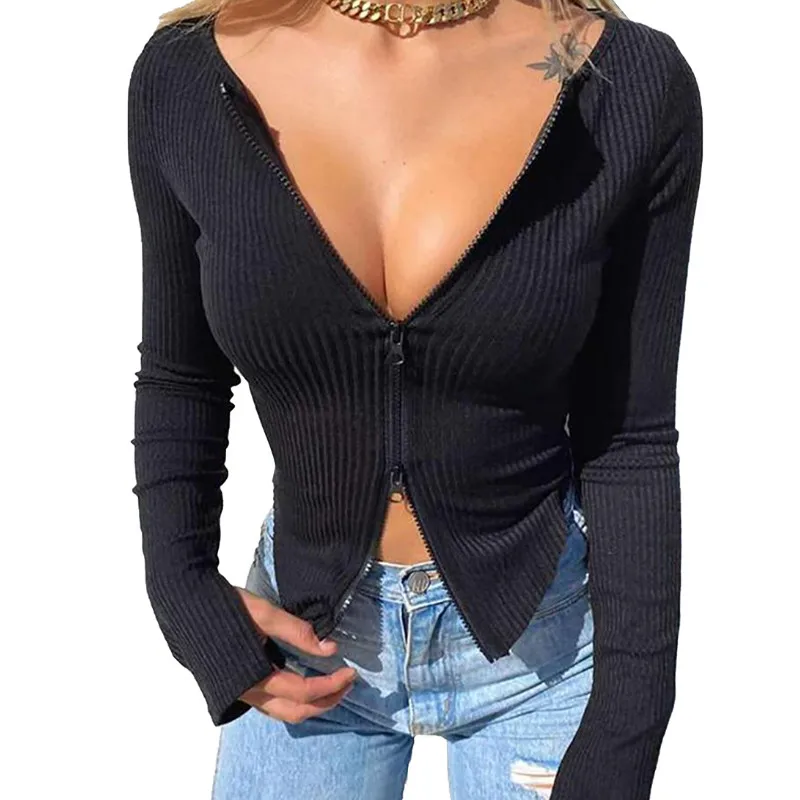 

Spring Autumn Womens Zipper Design Ribbed Crop Top Solid Color Tight-fitting Elastic Shirt for Party Club Casual