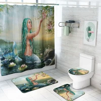 long haired beautiful mermaid waterproof shower curtains set bathroom decor curtains pedestal rug toilet lid cover bath mat