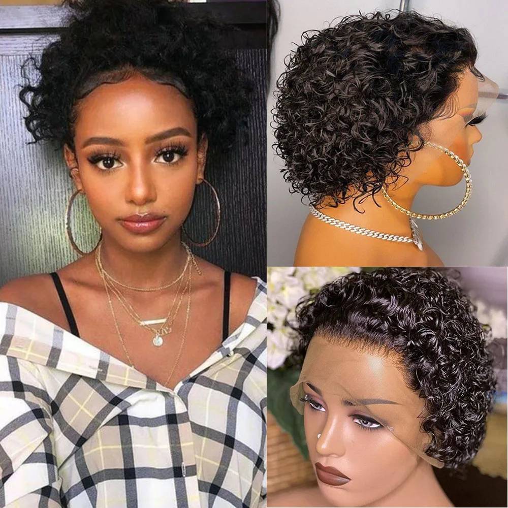 

Pixie Cut Short Curly Wig 13*1 Closure Lace Human Hair Bob Wigs Brazilian Remy Human Hair PrePlucked With Baby Hair For Women