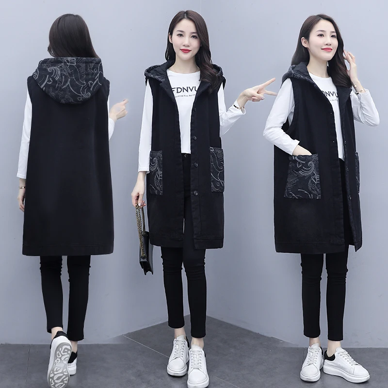 В Корейском стиле Жилет с принтом Женская Длинная ветровка жилет капюшоном