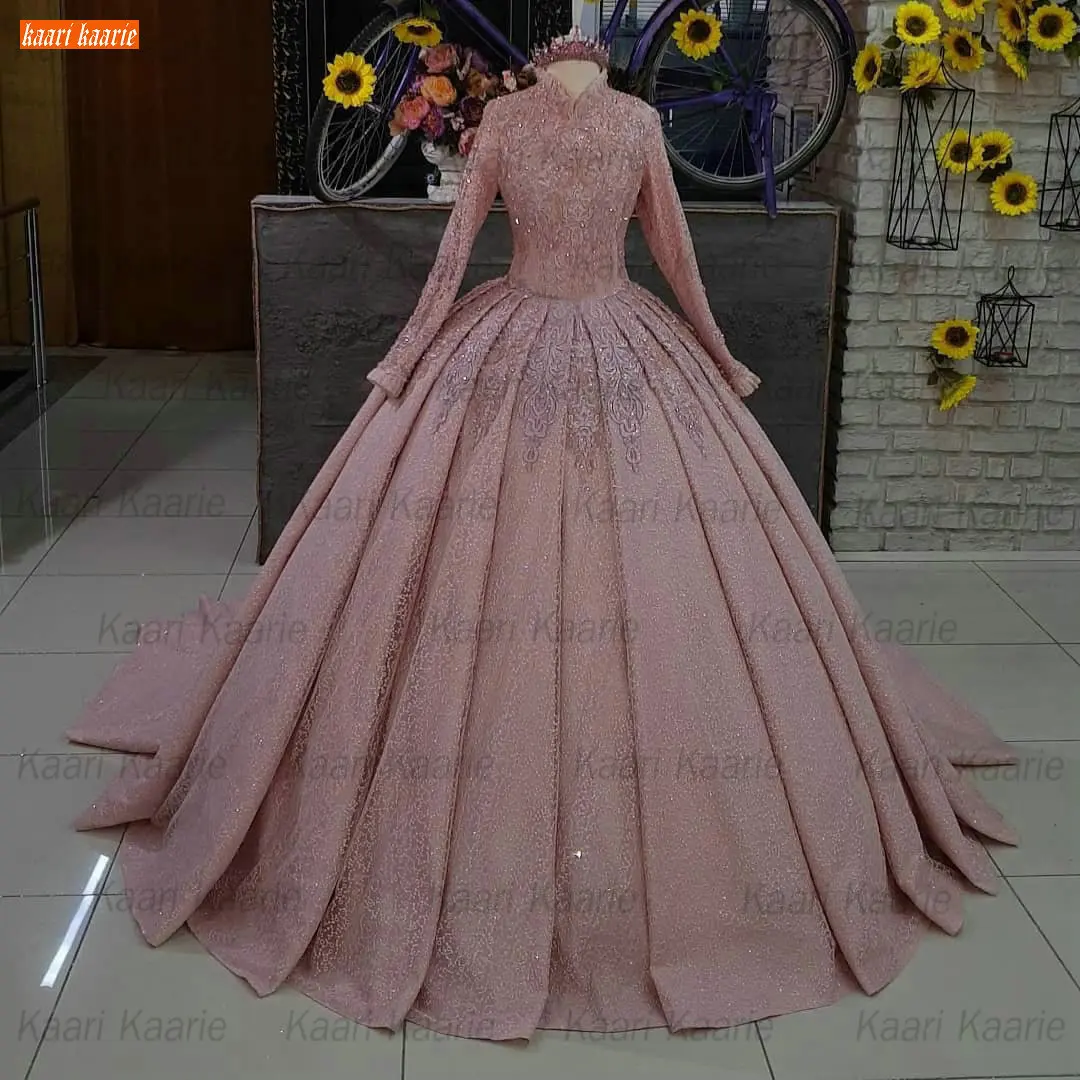

Arabic Hot Pink Wedding Dresses 2021 Long Sleeves Vestidos De Noiva Lace Ball Gown Bride Dress Muslim Dubai Vestido De Casamento