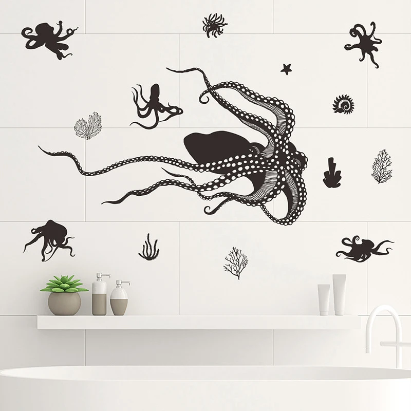 

Black Octopus Underwater World Wall StIckers Decors Waterproof Bathroom Glass Door Decoration Home Decal Wallpaper Mural Posters