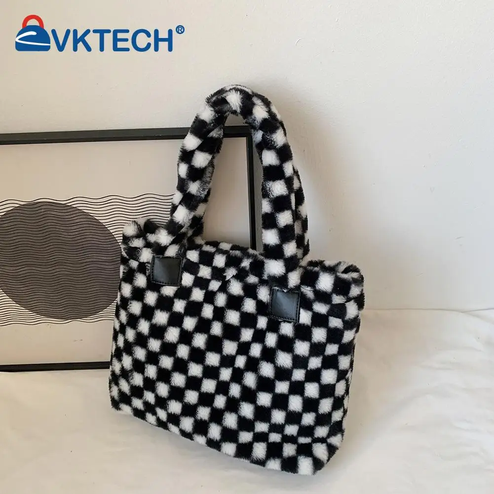 

Women Plush Faux Fur Checkerboard Pattern Top-handle Bag Winter Lady Soft Warm Square Shape Tote Handbag Large Shoulder Bag