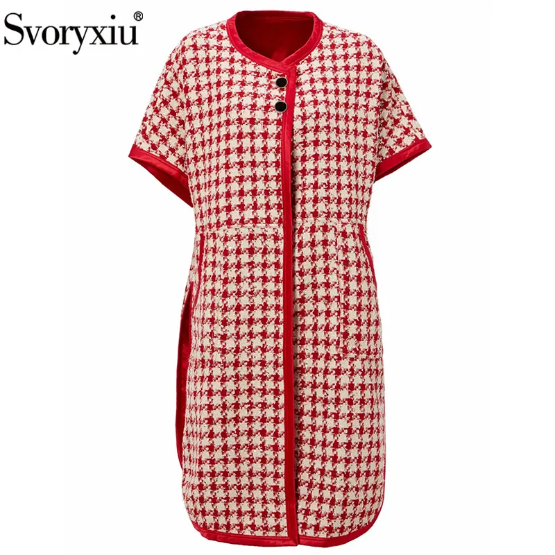 

Женское твидовое пальто Svoryxiu, разноцветное длинное шерстяное пальто в клетку с короткими рукавами на зиму 2019