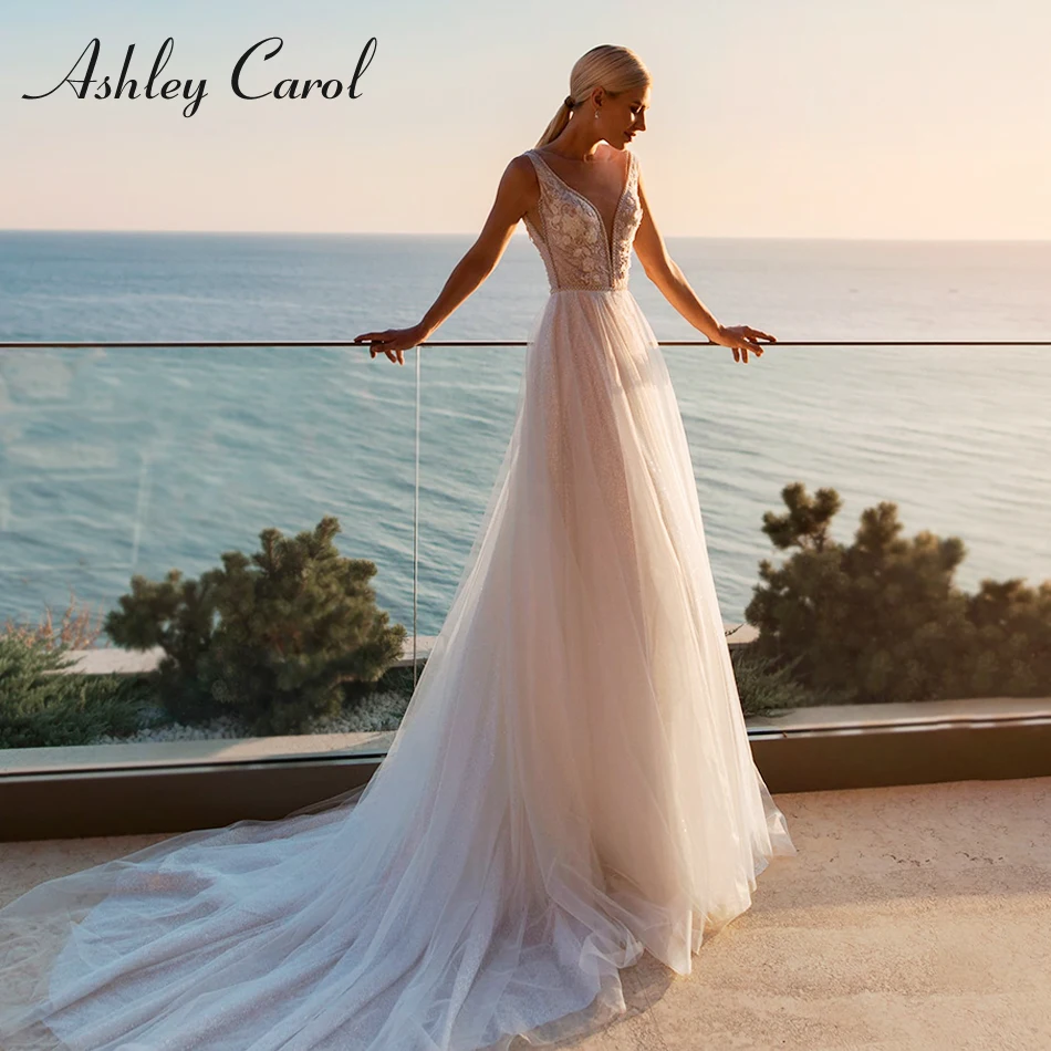 Свадебное платье из блестящего тюля Ashley Carol 2021 Vestido De Noiva сексуальное с v-образным