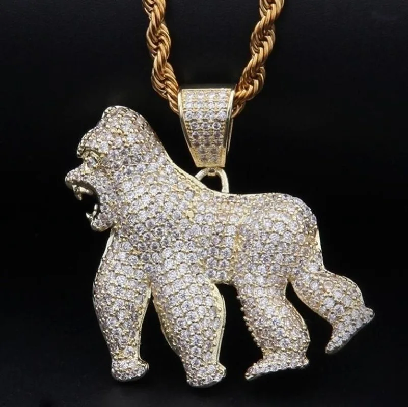 

Fashion Animal Gorilla Mold Necklace Hip Hop Full Iced Out Cubic Zirconia Gold CZ Stone Pendant Necklace Jewelry