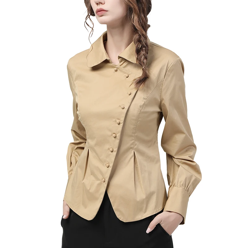 

Elegant Khaki Long Sleeve Women' Shirt Crossed Design Vintage Single-Breasted Turn-Down Collar Fashion Office Ladies Cotton Tops