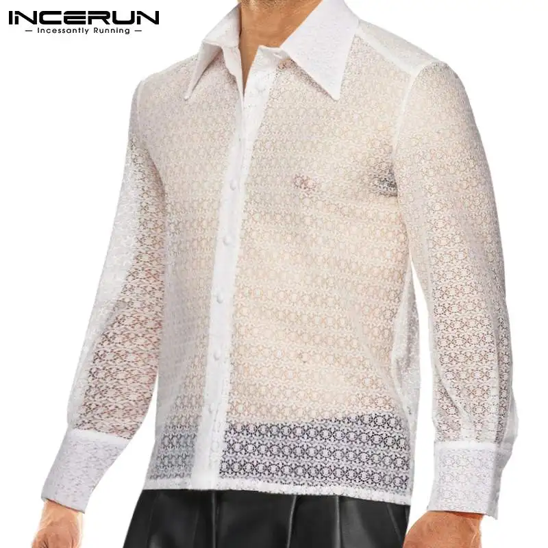 

INCERUN 2023 Men Lace Shirt Lapel Long Sleeve Transparent Streetwear Sexy Men Clothing Mesh Button Party Nightclub Camisas S-5XL