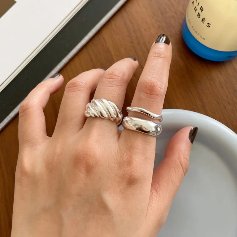 

Silvology 925 Sterling Silver Double Layer Twill Rings for Women Concave Texture Simple Japan Korea Ring Trendy Designer Jewelry