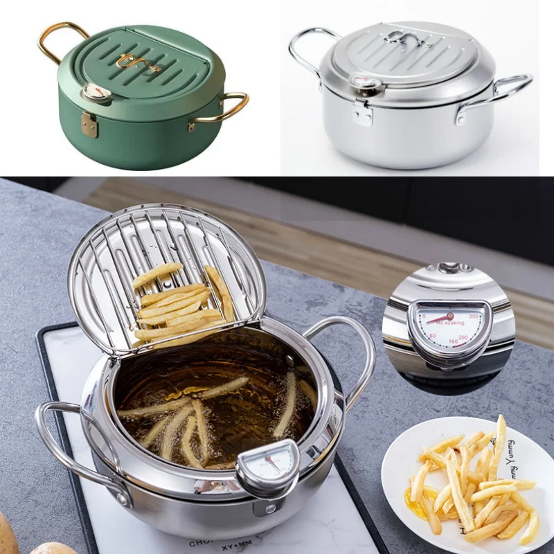 

Control Fried Chicken Pot Cooking Tools Green Stainless Steel Kitchen Deep Frying Pot Thermometre Tempura Fryer Pan Temperature