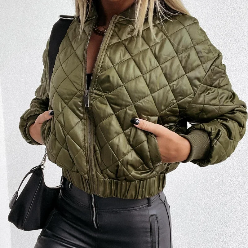 Women Short Zipper Cotton Jacket Stand Collar Argyle Slim Parka 2021 Autumn Winter Solid Long Sleeve Warm Coat  Fashion Jacket
