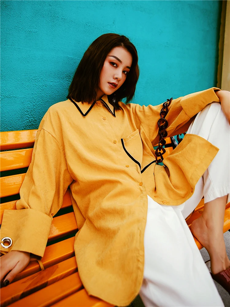 

2020 Original Retro Shirt Women's New Solid Color Stitching Ribbon Long-sleeved Lapel Single-breasted Loose Shirt Y208